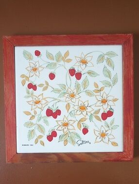 Saltera Vintage Himark 1983 Ceramic Strawberry & Floral Trivet w/ Wood Frame